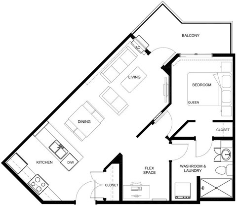Floor plan for 1 bed, 1 bath, 732 sqft